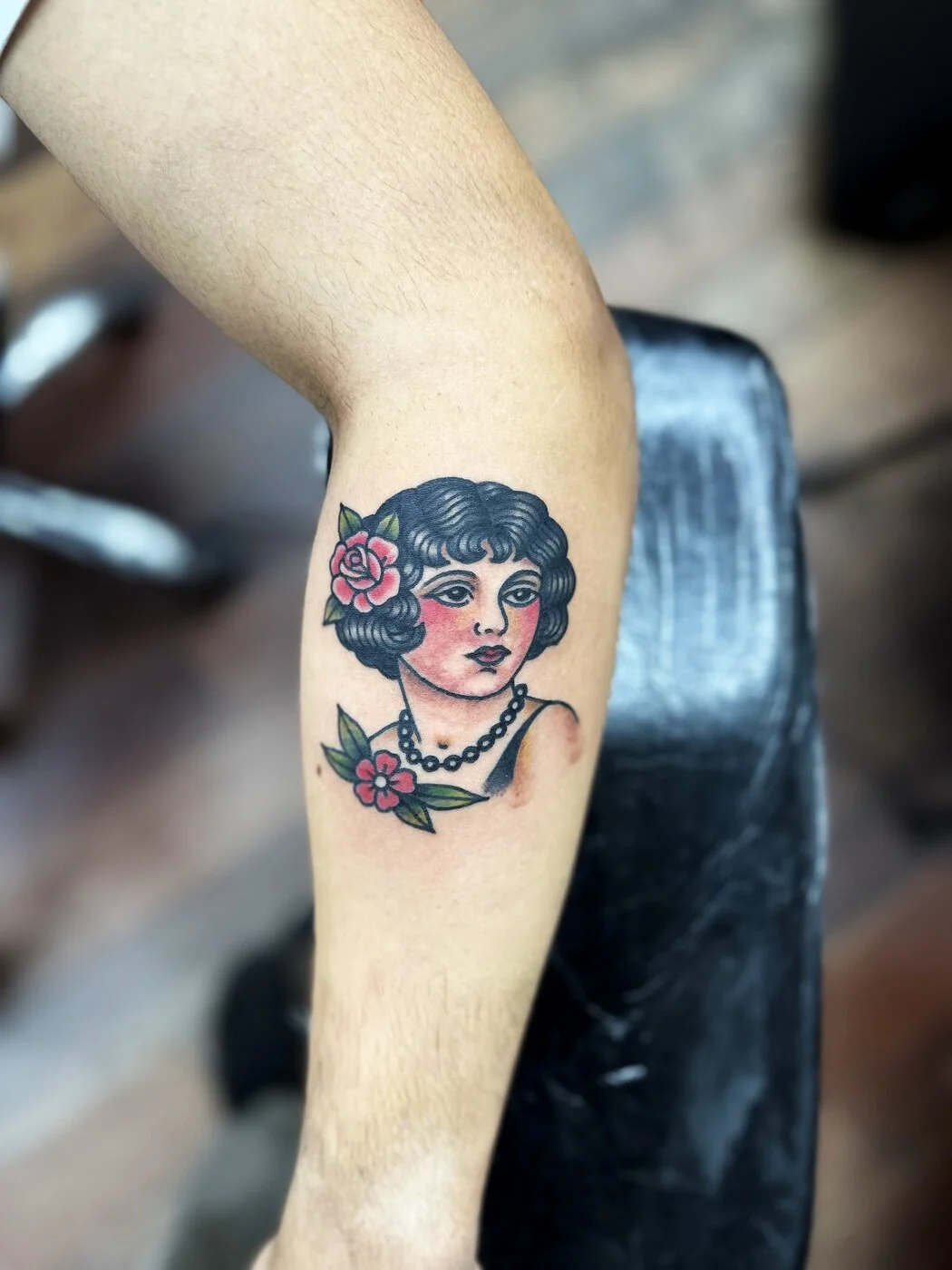 American Traditional pin-up woman with rose and pearls tattoo on calf by 2bit (Chris Curren) at Lost at Sea Tattoo, Chinatown, Honolulu American Traditional pin-up woman with rose and pearls tattoo on calf by 2bit (Chris Curren) at Lost at Sea Tattoo, Chinatown, Honolulu
