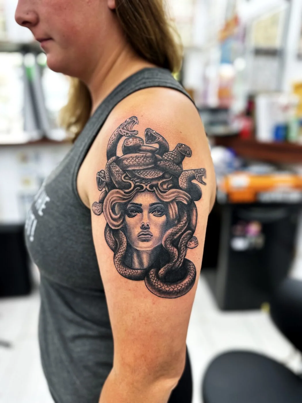 Black & Grey Medusa with snakes tattoo on shoulder by 2bit (Chris Curren) at Lost at Sea Tattoo, Chinatown, Honolulu Black & Grey Medusa with snakes tattoo on shoulder by 2bit (Chris Curren) at Lost at Sea Tattoo, Chinatown, Honolulu