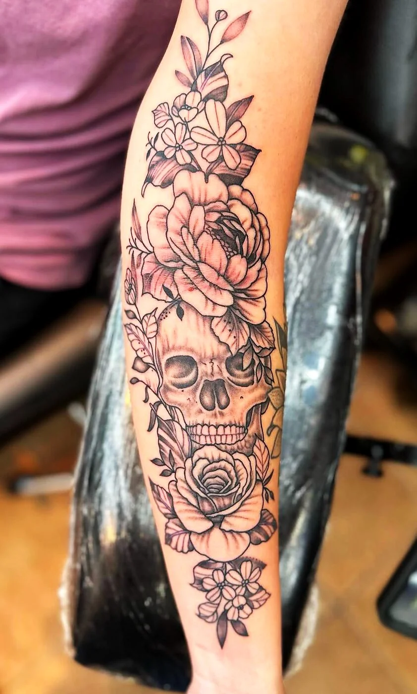 Black & Grey skull with peony rose and floral tattoo on forearm by 2bit (Chris Curren) at Lost at Sea Tattoo, Chinatown, Honolulu Black & Grey skull with peony rose and floral tattoo on forearm by 2bit (Chris Curren) at Lost at Sea Tattoo, Chinatown, Honolulu