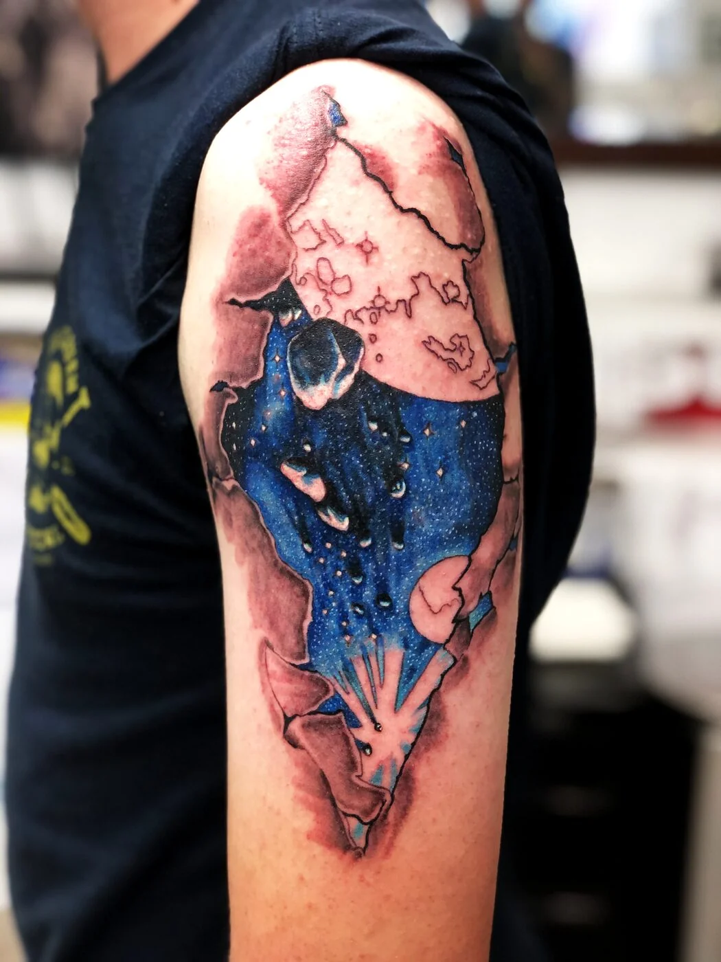 Color Realism galaxy night sky bursting through torn skin tattoo on shoulder by 2bit (Chris Curren) at Lost at Sea Tattoo, Chinatown, Honolulu Color Realism galaxy night sky bursting through torn skin tattoo on shoulder by 2bit (Chris Curren) at Lost at Sea Tattoo, Chinatown, Honolulu