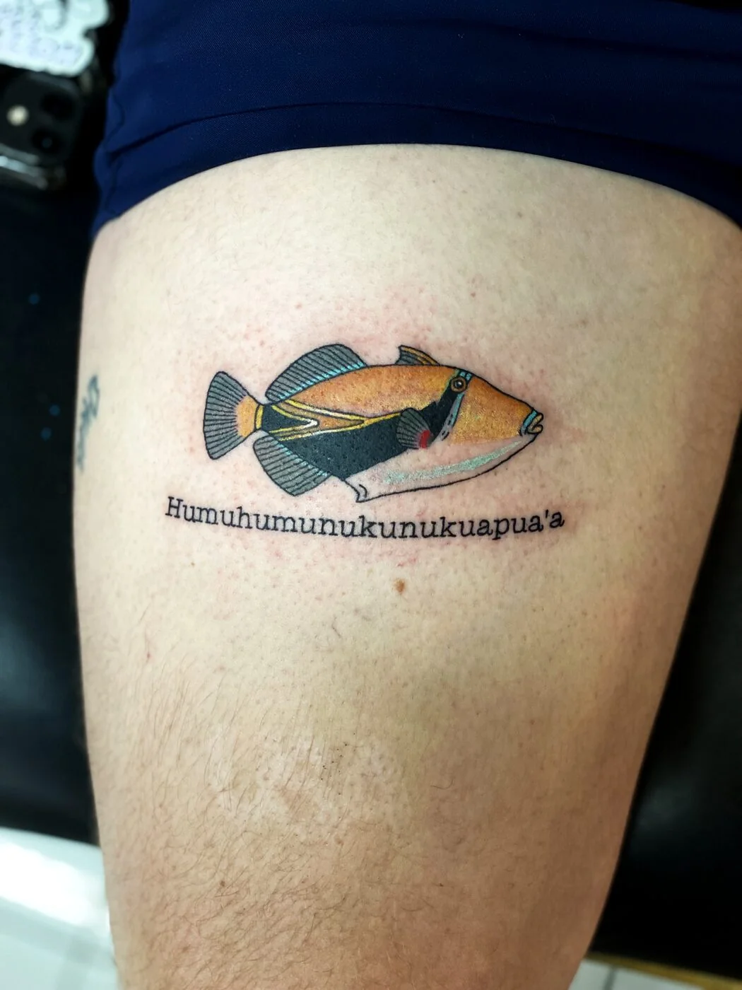 Color Realism Hawaiian humuhumunukunukuapua'a state fish tattoo on thigh by 2bit (Chris Curren) at Lost at Sea Tattoo, Chinatown, Honolulu Color Realism Hawaiian humuhumunukunukuapua'a state fish tattoo on thigh by 2bit (Chris Curren) at Lost at Sea Tattoo, Chinatown, Honolulu